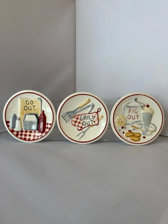 3 Pc MWW Market 4.5" Mini Plate Set Grill/ Pig/Go Out/Take Out -Farmhouse Picnic - Picture 1 of 16